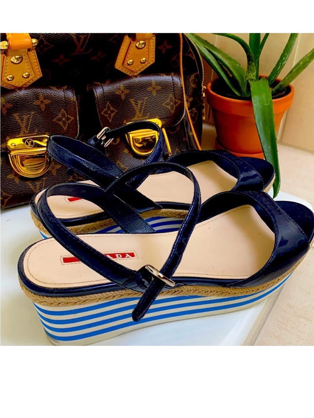 Prada Navy Patent Platform Sandals with Blue & White Striped Sole